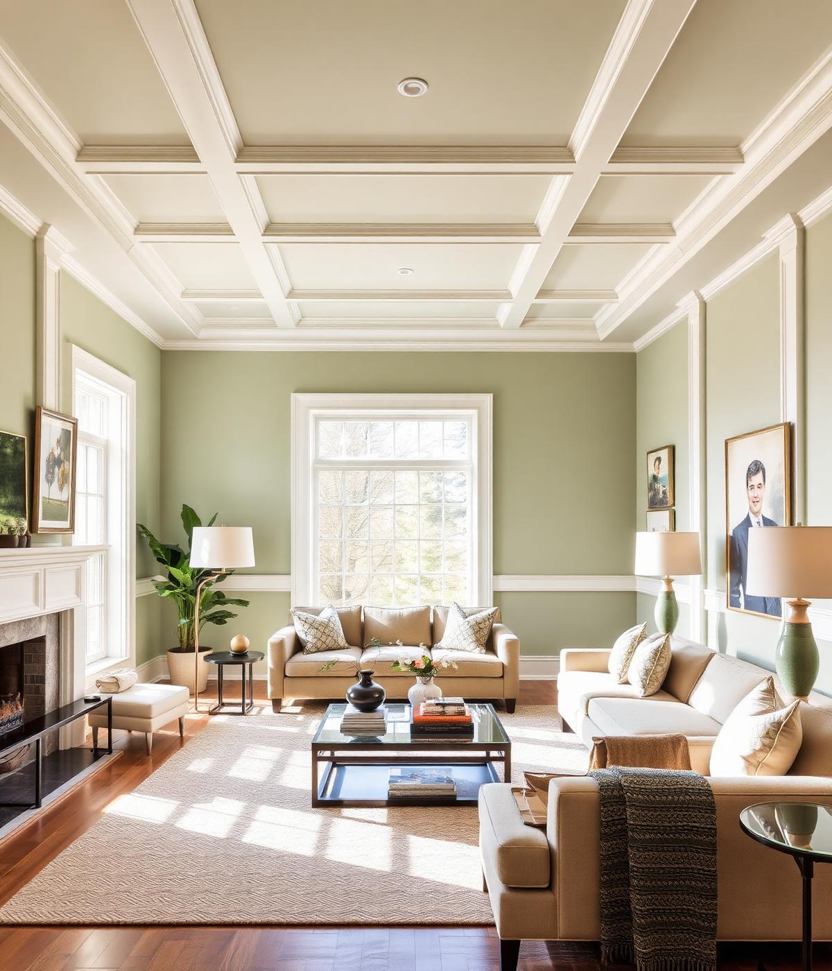 A freshly painted sage green living room with white trim, part of an Art and Colors Painting project